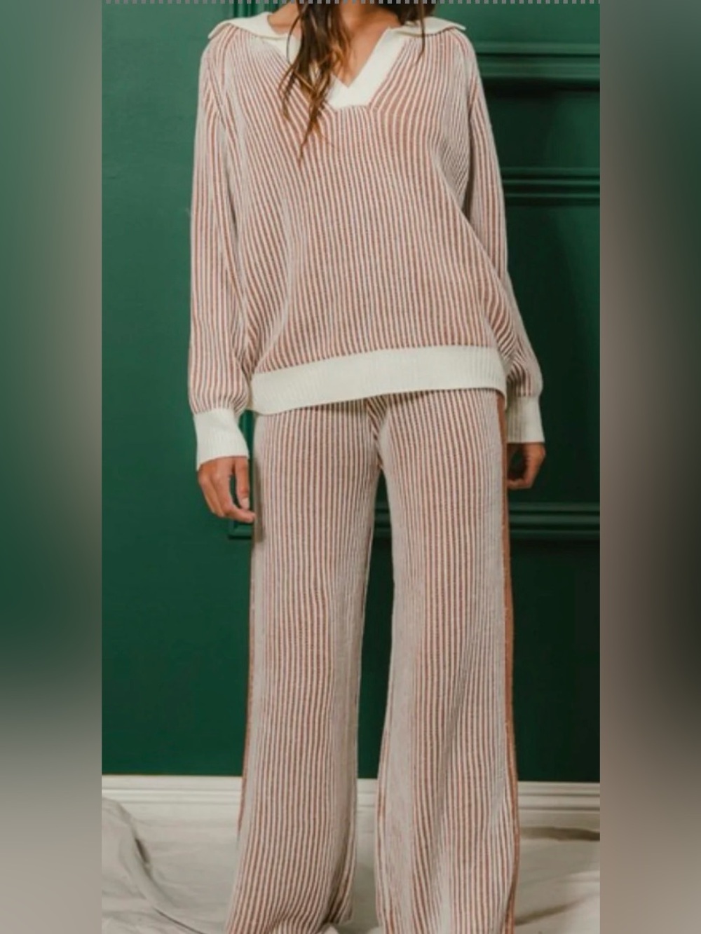 Bibi Striped Knit Sweater Set in Ivory & Cinnamon